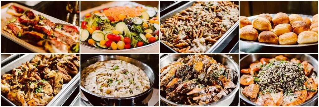 Snohomish Wedding Photographer GSquared Weddings A buffet spread featuring various dishes: roasted meats, a fresh vegetable salad with tomatoes and cucumbers, creamy mashed potatoes, seasoned sweet potatoes, green beans with almonds, and a basket of dinner rolls—all designed to complement the finest selections from the winery. Serving Seattle, Snohomish and Orlando