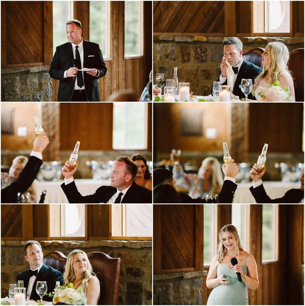 Snohomish Wedding Photographer GSquared Weddings A series of wedding reception photos captures a man giving a speech as guests smile and listen, raising bottles in a toast. Amid the elegant winery backdrop, a woman in a green dress addresses the seated couple with warmth and joy, microphone in hand. Serving Seattle, Snohomish and Orlando