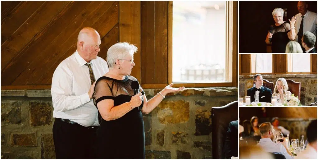 Snohomish Wedding Photographer GSquared Weddings An older couple speaks into a microphone at a gathering in front of a wooden and stone wall, reminiscent of a rustic winery. Additional images show guests seated, listening attentively in the warmly lit ambiance. Serving Seattle, Snohomish and Orlando