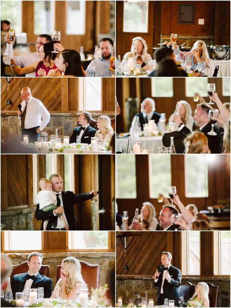 Snohomish Wedding Photographer GSquared Weddings A collage of wedding reception photos at a charming winery, featuring guests raising glasses in heartfelt toasts, people seated at elegantly set tables, a man speaking into a microphone, and another holding a child while giving a toast. The rustic venue boasts wooden walls and soft lighting. Serving Seattle, Snohomish and Orlando