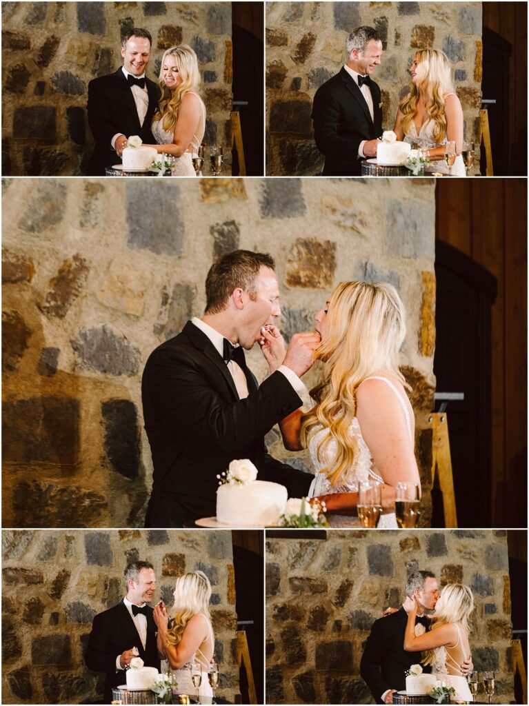 Snohomish Wedding Photographer GSquared Weddings A couple in formal attire stands before a stone wall at a winery during their wedding, sharing laughter while cutting and feeding each other cake. The sequence of photos captures their playful interaction and a kiss, perfectly framed by the vineyards rustic charm. Serving Seattle, Snohomish and Orlando