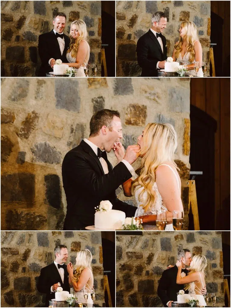 Snohomish Wedding Photographer GSquared Weddings A couple in formal attire stands before a stone wall at a winery during their wedding, sharing laughter while cutting and feeding each other cake. The sequence of photos captures their playful interaction and a kiss, perfectly framed by the vineyards rustic charm. Serving Seattle, Snohomish and Orlando
