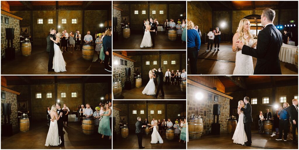 Snohomish Wedding Photographer GSquared Weddings A collage of wedding dance photos reveals a bride in a white gown and a groom in a black suit twirling gracefully in a rustic winery setting with wooden barrels. Guests look on, some standing and some seated. Warm lighting enhances the cozy atmosphere. Serving Seattle, Snohomish and Orlando