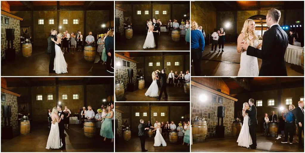 Snohomish Wedding Photographer GSquared Weddings A collage of wedding dance photos reveals a bride in a white gown and a groom in a black suit twirling gracefully in a rustic winery setting with wooden barrels. Guests look on, some standing and some seated. Warm lighting enhances the cozy atmosphere. Serving Seattle, Snohomish and Orlando