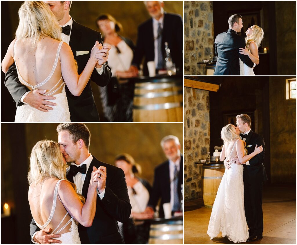 Snohomish Wedding Photographer GSquared Weddings A couple in formal attire is dancing closely in the warmly lit ambiance of a charming winery. The woman wears a white gown, and the man sports a black suit and bow tie. Nearby, onlookers enjoy the moment, their smiles adding to the heartfelt atmosphere. Serving Seattle, Snohomish and Orlando