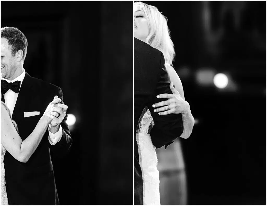 Snohomish Wedding Photographer GSquared Weddings Black and white image of a couple dancing at a winery. On the left, they hold hands and smile; on the right, a close-up shows them in an embrace. The focus is on their connection and elegant attire amidst wine barrels and rustic charm. Serving Seattle, Snohomish and Orlando