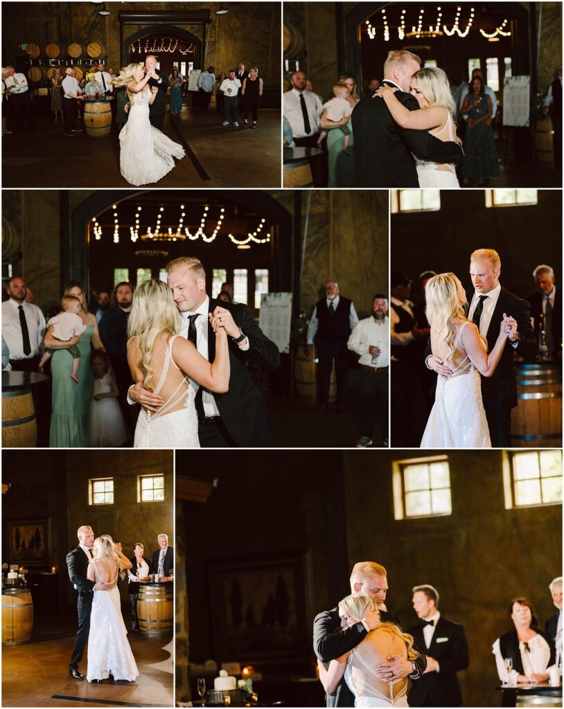 Snohomish Wedding Photographer GSquared Weddings A bride and groom share their first dance in a warmly lit winery venue with guests watching. The couple, in wedding attire, embrace closely amidst rustic decor, including wine barrels and string lights. Guests are dressed in formal attire, observing and celebrating. Serving Seattle, Snohomish and Orlando