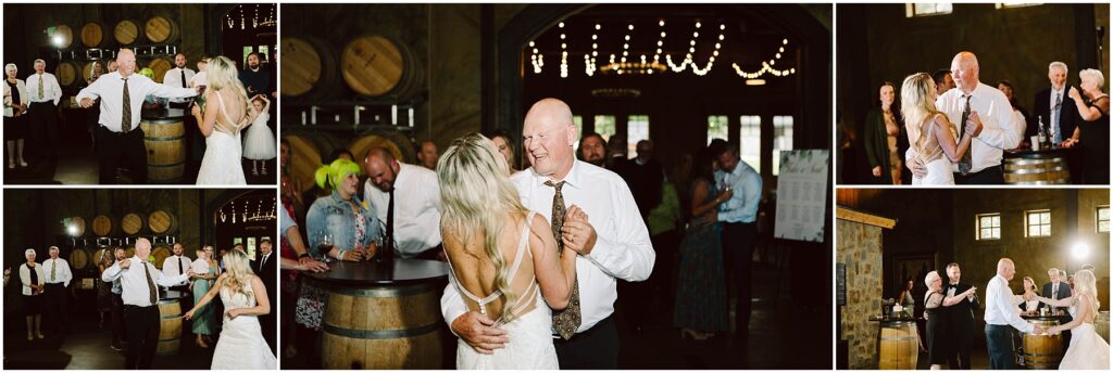 Snohomish Wedding Photographer GSquared Weddings A series of images shows a bride and an older man dancing in a warmly lit winery adorned with wine barrels. Guests watch and smile. The atmosphere is joyful and intimate, with people dressed in semi-formal attire. Serving Seattle, Snohomish and Orlando