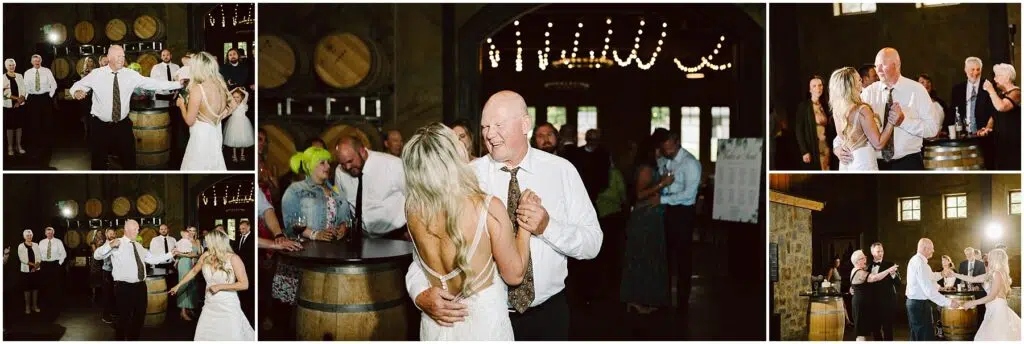 Snohomish Wedding Photographer GSquared Weddings A series of images shows a bride and an older man dancing in a warmly lit winery adorned with wine barrels. Guests watch and smile. The atmosphere is joyful and intimate, with people dressed in semi-formal attire. Serving Seattle, Snohomish and Orlando