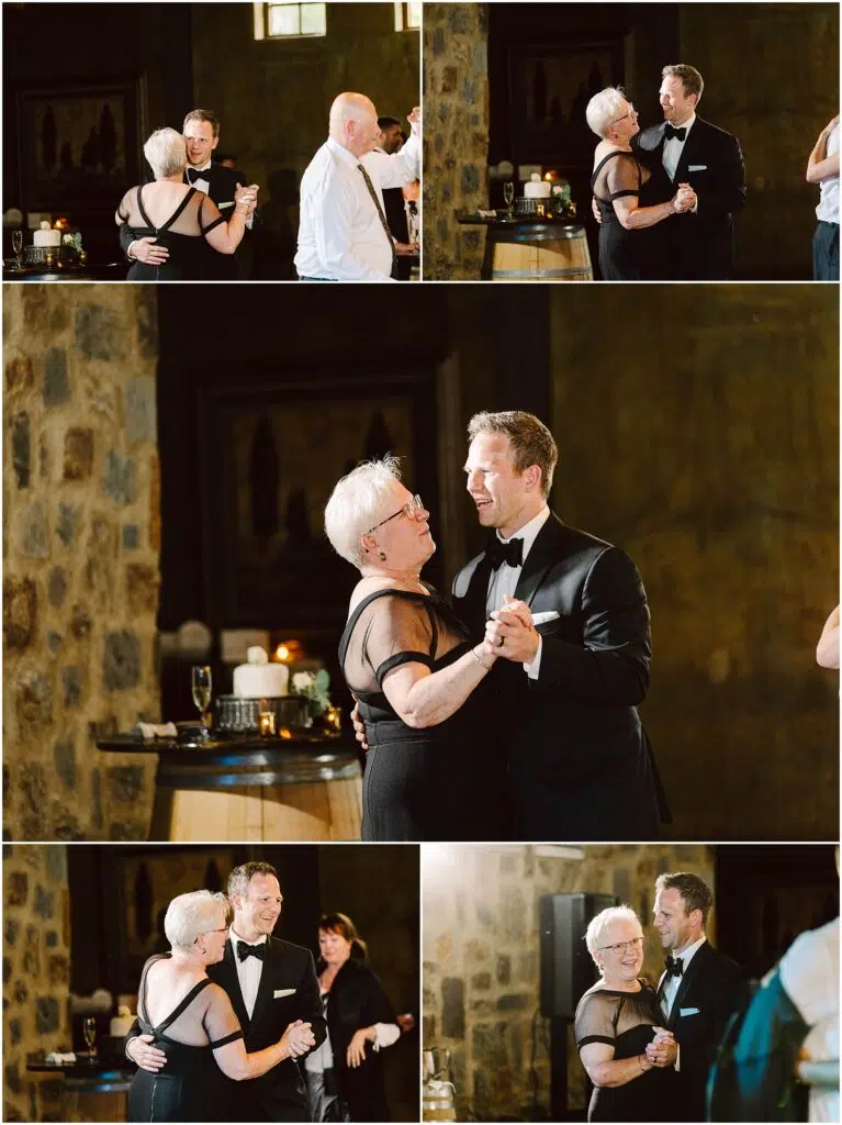 Snohomish Wedding Photographer GSquared Weddings A man in a suit dances with an elderly woman in a dimly lit room with stone walls, reminiscent of an old winery. They share smiles, enjoying the moment on the dance floor, while other guests linger near tables and decorations in the background. Serving Seattle, Snohomish and Orlando