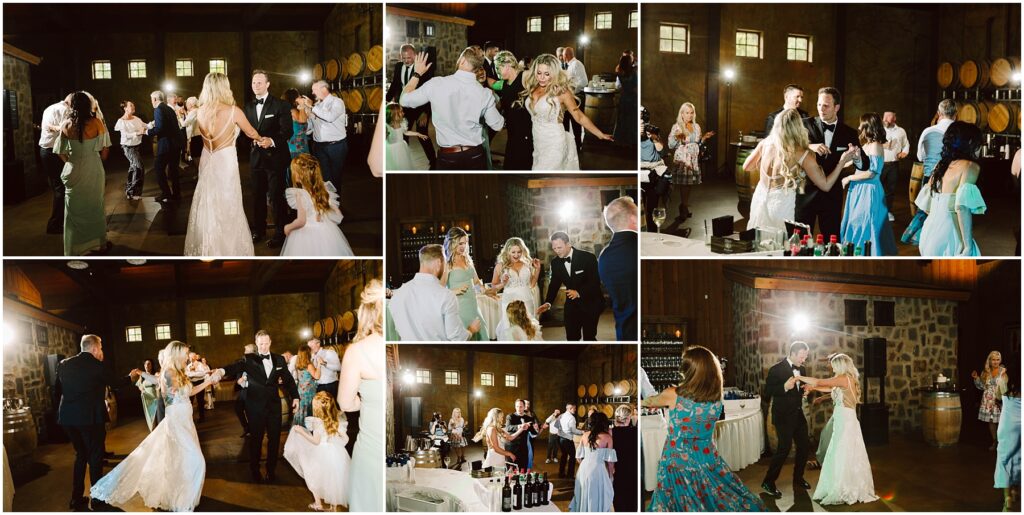 Snohomish Wedding Photographer GSquared Weddings Collage of people dancing and celebrating at a rustic winery venue with wooden barrels and stone walls. Guests are dressed in formal attire. Its a lively party atmosphere, blending the elegance of a vineyard celebration with a mix of dancing pairs and groups. Serving Seattle, Snohomish and Orlando