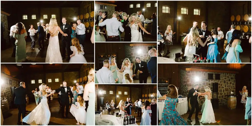 Snohomish Wedding Photographer GSquared Weddings Collage of people dancing and celebrating at a rustic winery venue with wooden barrels and stone walls. Guests are dressed in formal attire. Its a lively party atmosphere, blending the elegance of a vineyard celebration with a mix of dancing pairs and groups. Serving Seattle, Snohomish and Orlando