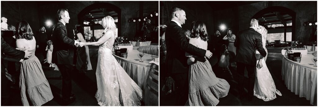 Snohomish Wedding Photographer GSquared Weddings A black and white photo collage captures two couples dancing gracefully at a formal winery event. One couple features a person in a suit and another in a wedding dress, while the other couple twirls beside them. Tables and chairs set the elegant backdrop. Serving Seattle, Snohomish and Orlando