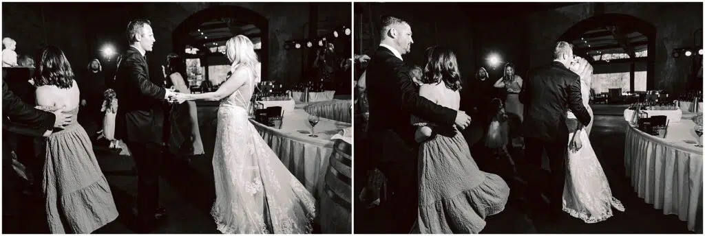 Snohomish Wedding Photographer GSquared Weddings A black and white photo collage captures two couples dancing gracefully at a formal winery event. One couple features a person in a suit and another in a wedding dress, while the other couple twirls beside them. Tables and chairs set the elegant backdrop. Serving Seattle, Snohomish and Orlando