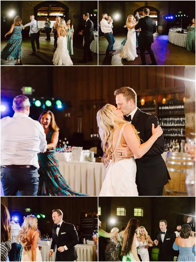 Snohomish Wedding Photographer GSquared Weddings A collage of wedding reception photos captures a bride in a white gown and a groom in a black suit dancing and smiling with guests on the winerys dance floor. The venue is warmly lit, enhancing the celebratory atmosphere. Serving Seattle, Snohomish and Orlando