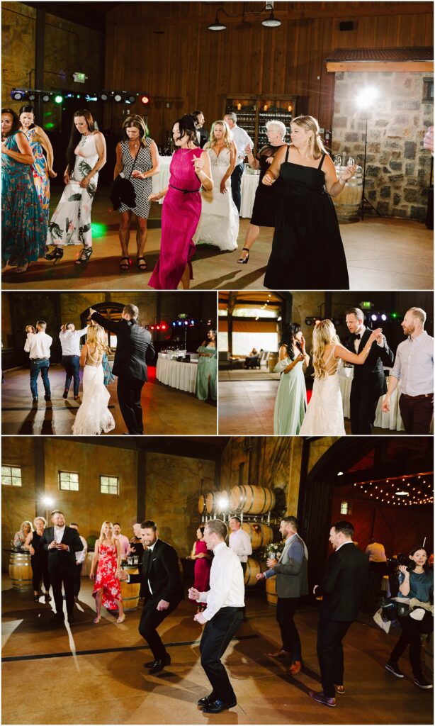 Snohomish Wedding Photographer GSquared Weddings A lively wedding reception unfolds in a warmly lit venue at the winery. Guests, dressed in formal attire, dance amid wooden walls and barrels. Colorful lights illuminate the space, infusing the atmosphere with a festive charm. Serving Seattle, Snohomish and Orlando