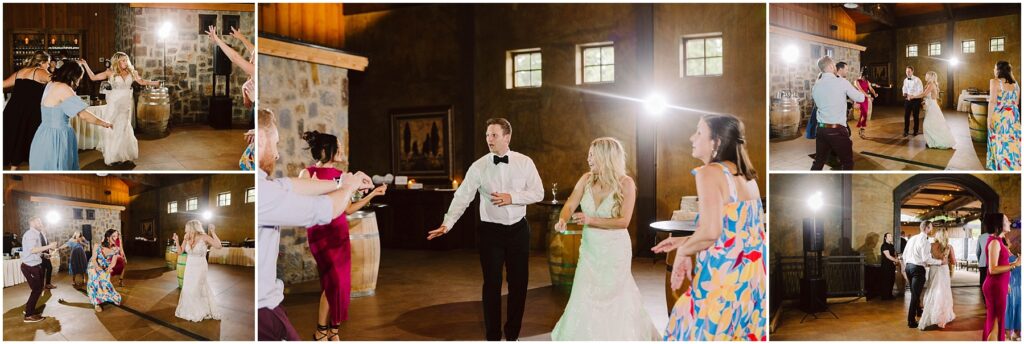 Snohomish Wedding Photographer GSquared Weddings A collage of six images shows people dancing at an indoor event in a rustic winery setting with wooden beams and stone walls. They are in formal attire, enjoying the celebration. Bright lighting highlights their movements, adding a warm glow to the festive atmosphere. Serving Seattle, Snohomish and Orlando