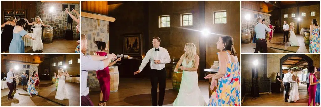 Snohomish Wedding Photographer GSquared Weddings A collage of six images shows people dancing at an indoor event in a rustic winery setting with wooden beams and stone walls. They are in formal attire, enjoying the celebration. Bright lighting highlights their movements, adding a warm glow to the festive atmosphere. Serving Seattle, Snohomish and Orlando