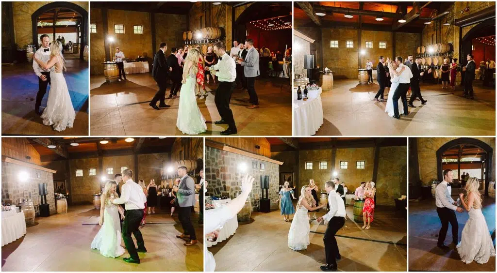 Snohomish Wedding Photographer GSquared Weddings Collage of six images showing a bride and groom dancing at their wedding reception in a rustic winery. They are surrounded by guests on a wooden dance floor, all reveling in the lively celebration amidst the charming vineyard setting. Serving Seattle, Snohomish and Orlando
