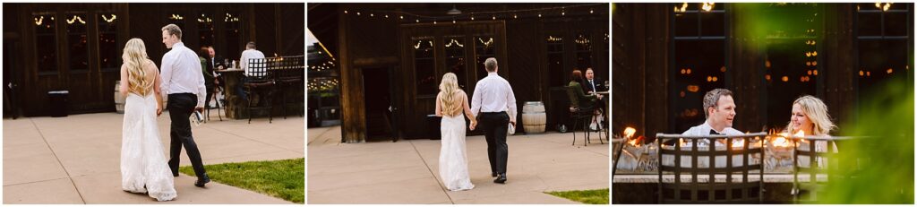 Snohomish Wedding Photographer GSquared Weddings A couple strolls hand in hand on a patio adorned with string lights, dressed in wedding attire at a charming winery. In the last image, they sit by a fire pit, smiling at each other, surrounded by the rustic ambiance of the vineyard. Serving Seattle, Snohomish and Orlando