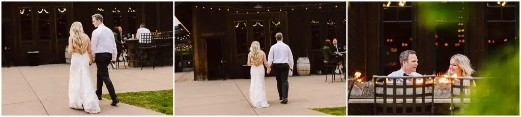 Snohomish Wedding Photographer GSquared Weddings A couple strolls hand in hand on a patio adorned with string lights, dressed in wedding attire at a charming winery. In the last image, they sit by a fire pit, smiling at each other, surrounded by the rustic ambiance of the vineyard. Serving Seattle, Snohomish and Orlando