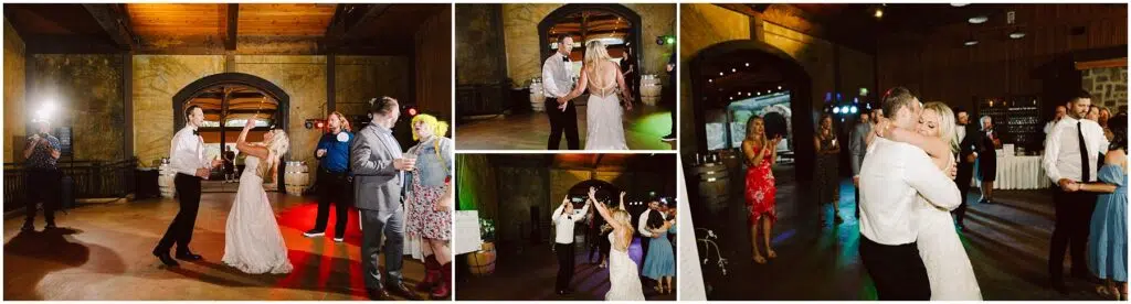 Snohomish Wedding Photographer GSquared Weddings A bride and groom dance in a warmly lit winery venue with stone walls and wooden beams. Guests in colorful attire watch, take photos, and dance. A photographer captures the moments near wine barrels. Serving Seattle, Snohomish and Orlando
