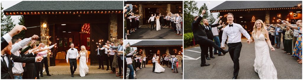 Snohomish Wedding Photographer GSquared Weddings A newlywed couple walks joyfully through a crowd of cheering guests holding sparklers outside a rustic winery at dusk. The bride wears a white gown, and the groom sports a black bow tie and pants. Guests celebrate on either side of the couple. Serving Seattle, Snohomish and Orlando