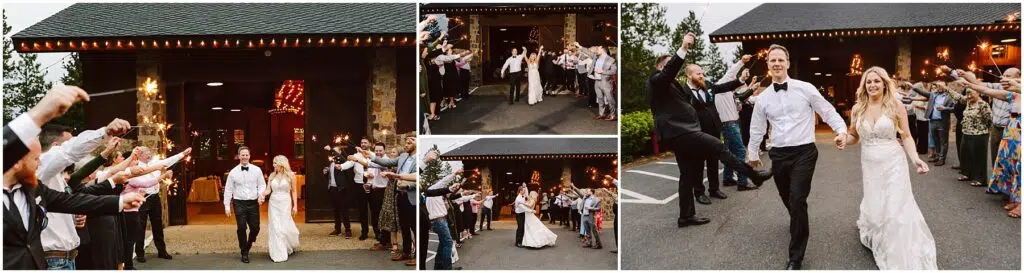 Snohomish Wedding Photographer GSquared Weddings A newlywed couple walks joyfully through a crowd of cheering guests holding sparklers outside a rustic winery at dusk. The bride wears a white gown, and the groom sports a black bow tie and pants. Guests celebrate on either side of the couple. Serving Seattle, Snohomish and Orlando