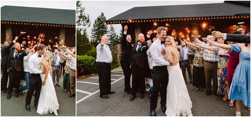 Snohomish Wedding Photographer GSquared Weddings A newlywed couple is embraced and smiling, surrounded by guests holding sparklers outside a winery with a dark roof. The guests form a pathway for the couple, who are dressed in formal wedding attire, celebrating during an enchanting outdoor evening reception. Serving Seattle, Snohomish and Orlando