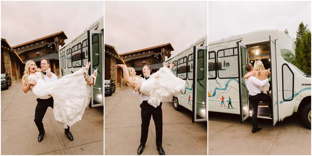 Snohomish Wedding Photographer GSquared Weddings A groom playfully lifts his bride in front of a decorated winery shuttle bus, captured in a series of three images. The couple looks joyful, with the bride in a flowing white gown and the groom in a black suit. A building and evening sky are in the background. Serving Seattle, Snohomish and Orlando