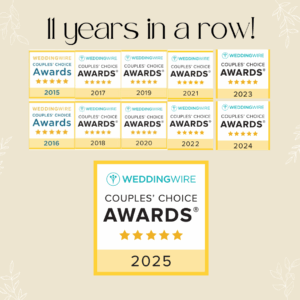 Snohomish Wedding Photographer GSquared Weddings A graphic displays 11 years in a row! above 10 WeddingWire Couples’ Choice Awards badges from 2015 to 2024 and a larger badge for 2025, all showing five stars. The background features a light beige color with leaf accents. Serving Seattle, Snohomish and Orlando