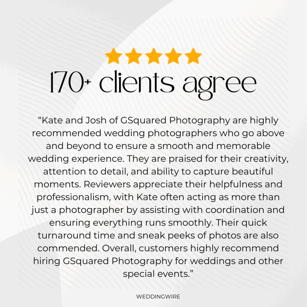 Snohomish Wedding Photographer GSquared Weddings A graphic features five gold stars above the text 170+ clients agree. Below is a positive review praising GSquared Photography for creativity, attention to detail, professionalism, and excellent wedding photography service. Serving Seattle, Snohomish and Orlando