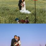 Snohomish Wedding Photographer GSquared Weddings Top: A bride and groom stand in a grassy field, posing for a photo; a photographer and lighting equipment are visible. Bottom: The same couple poses, smiling, under a purple sky, with only the field and flowers in view. Serving Seattle, Snohomish and Orlando