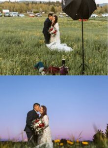 Snohomish Wedding Photographer GSquared Weddings Top: A bride and groom stand in a grassy field, posing for a photo; a photographer and lighting equipment are visible. Bottom: The same couple poses, smiling, under a purple sky, with only the field and flowers in view. Serving Seattle, Snohomish and Orlando