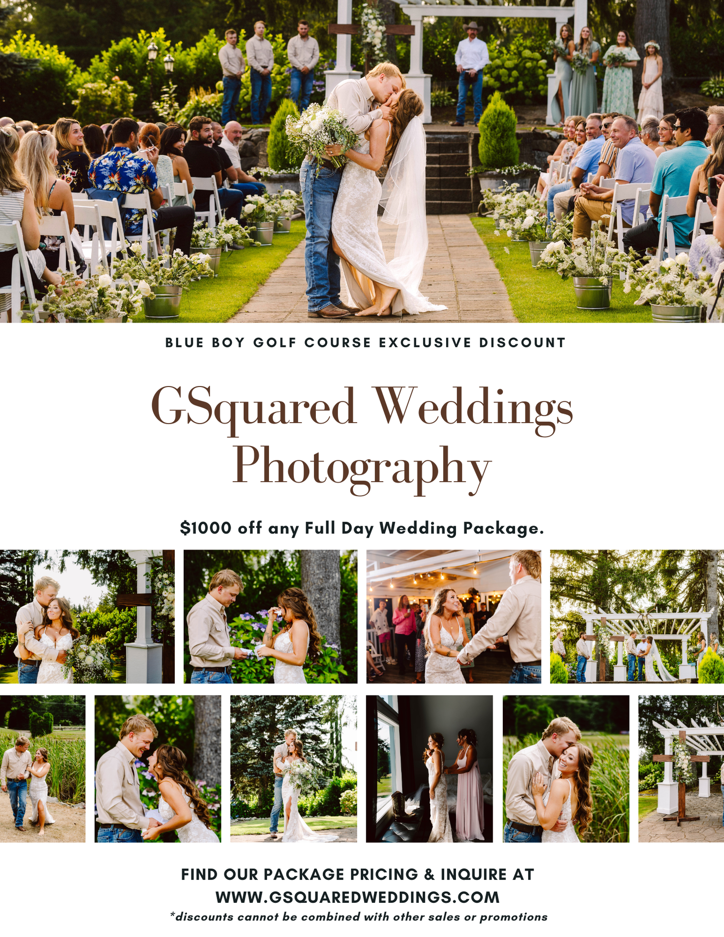 Snohomish Wedding Photographer GSquared Weddings A wedding photography promotional flyer shows a bride and groom kissing outdoors, with their wedding party behind them. Smaller photos of couples in romantic poses surround the main image. Text offers $1000 off wedding packages. Serving Seattle, Snohomish and Orlando