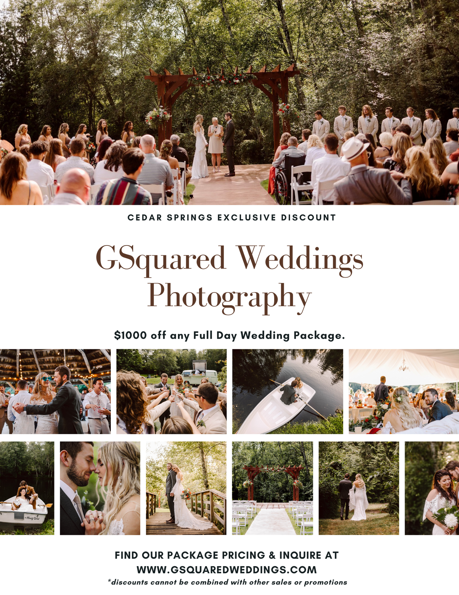 Snohomish Wedding Photographer GSquared Weddings A wedding photography promotion featuring outdoor ceremonies, couples, and bridal party moments. Text highlights a $1000 discount on full-day packages from GSquared Weddings Photography at Cedar Springs. Serving Seattle, Snohomish and Orlando