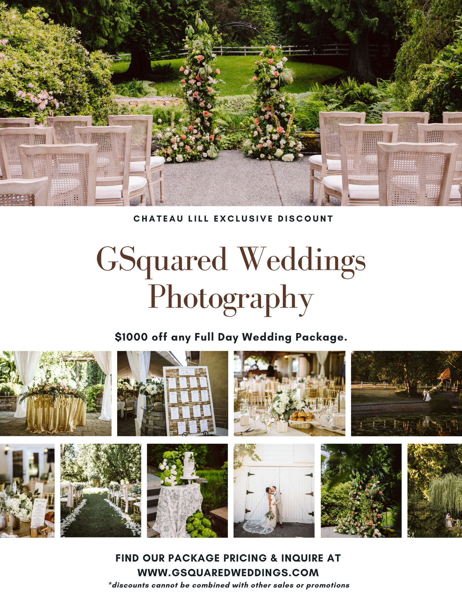 Snohomish Wedding Photographer GSquared Weddings Wedding photography promo for GSquared Weddings features an outdoor ceremony setup, floral arrangements, reception details, and a $1000 discount on full-day packages at Pemberton Farm. Website and inquiry info included. Serving Seattle, Snohomish and Orlando