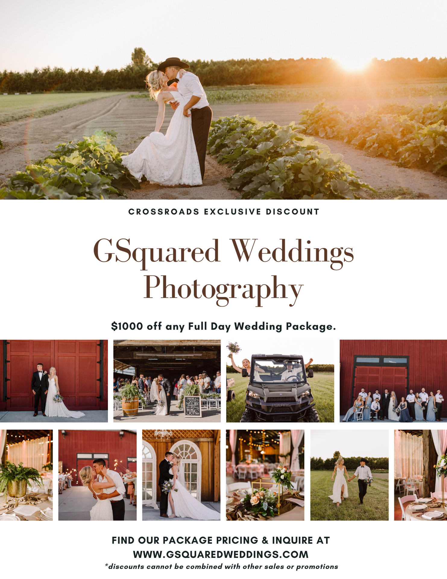 Snohomish Wedding Photographer GSquared Weddings A wedding photography ad featuring a couple kissing outdoors and a collage of wedding scenes. Text offers $1000 off a full day wedding package from GSquared Weddings Photography. Website and inquiry details are included. Serving Seattle, Snohomish and Orlando