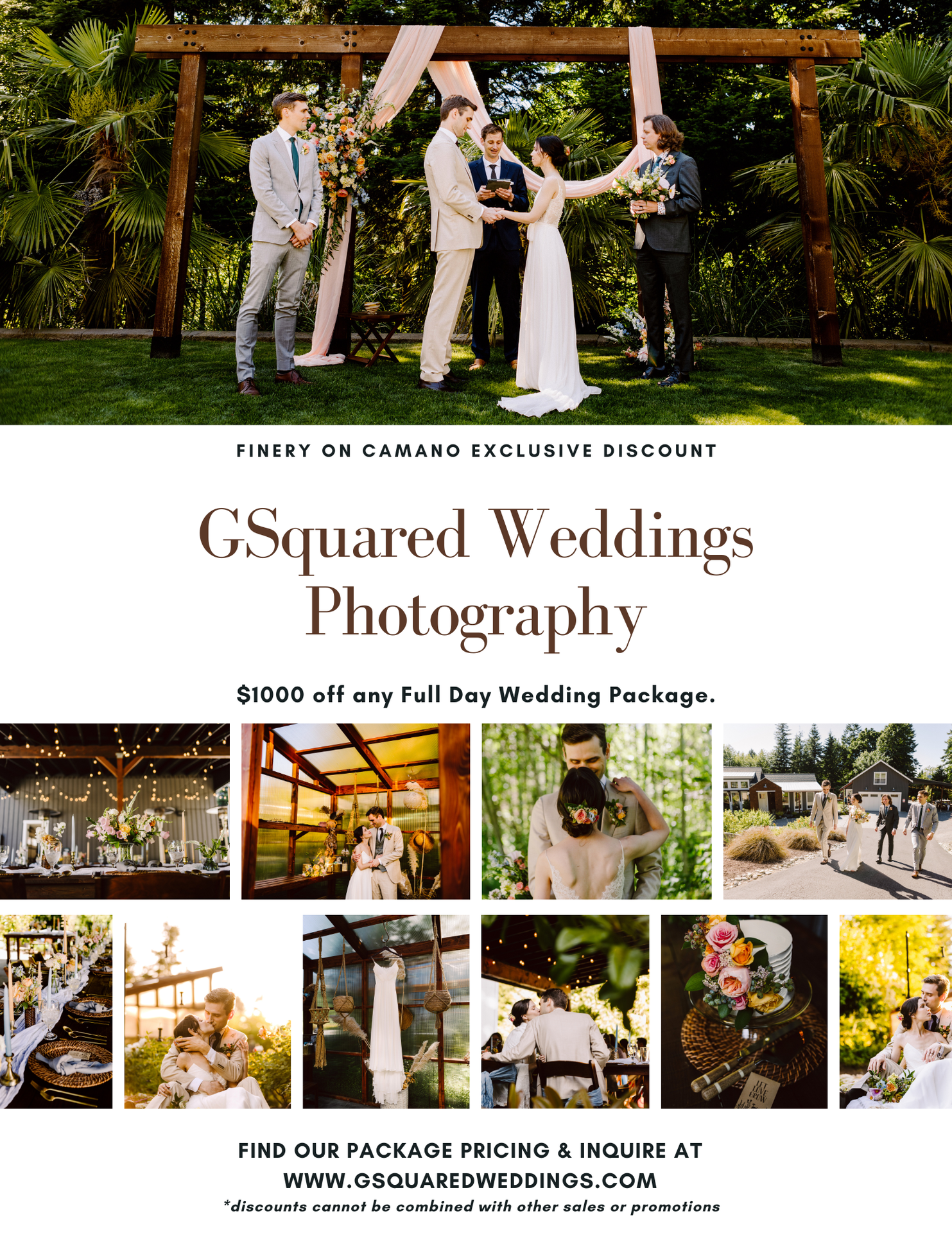 Snohomish Wedding Photographer GSquared Weddings A wedding photography promotion poster featuring a couple at an outdoor ceremony, floral decorations, and wedding scenes. Text offers $1000 off any full day package from GSquared Weddings Photography. Serving Seattle, Snohomish and Orlando
