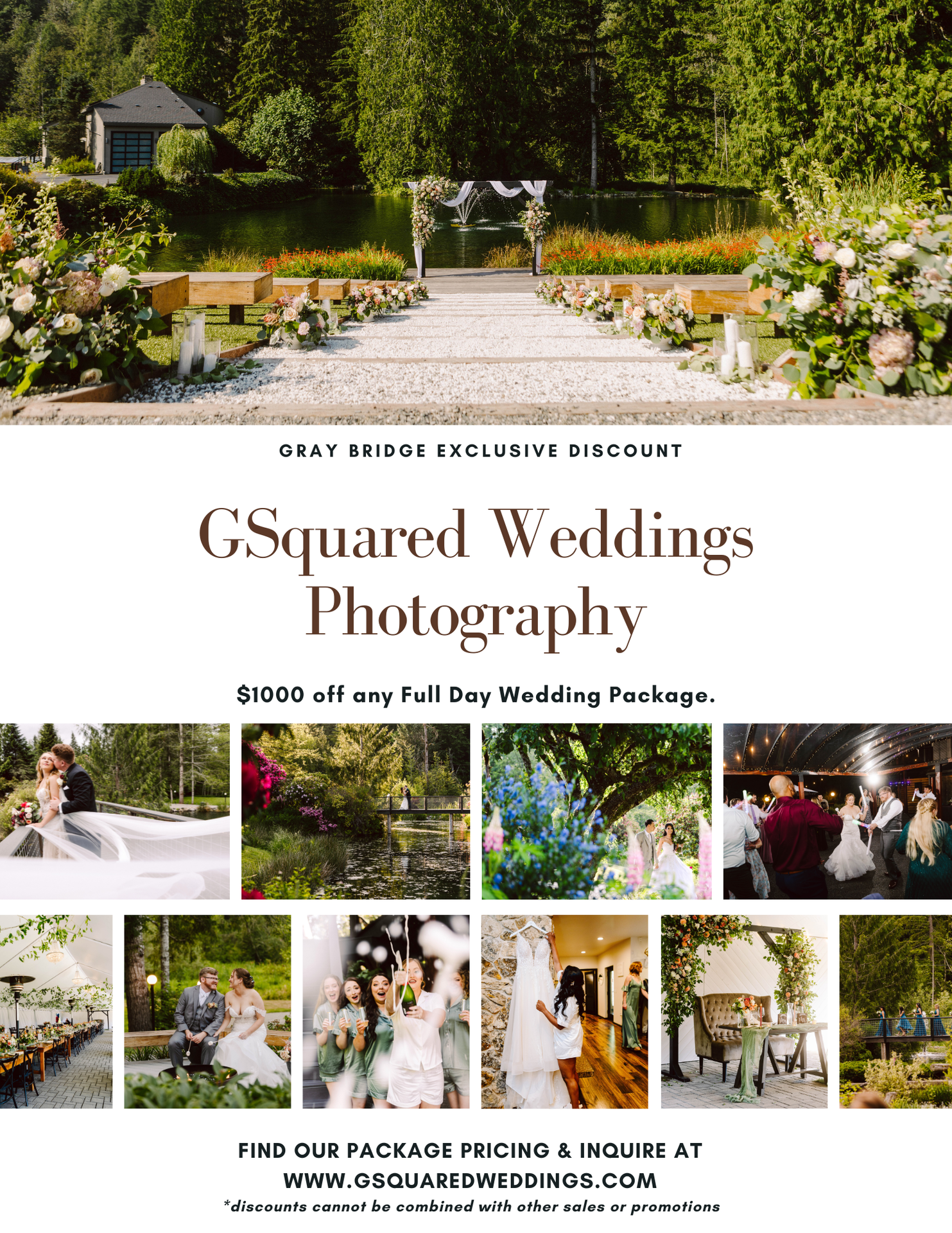 Snohomish Wedding Photographer GSquared Weddings A wedding photography ad featuring a scenic outdoor ceremony, various couples on their wedding day, dancing guests, and elegant table settings, offering $1000 off full-day packages from GSquared Weddings Photography. Serving Seattle, Snohomish and Orlando