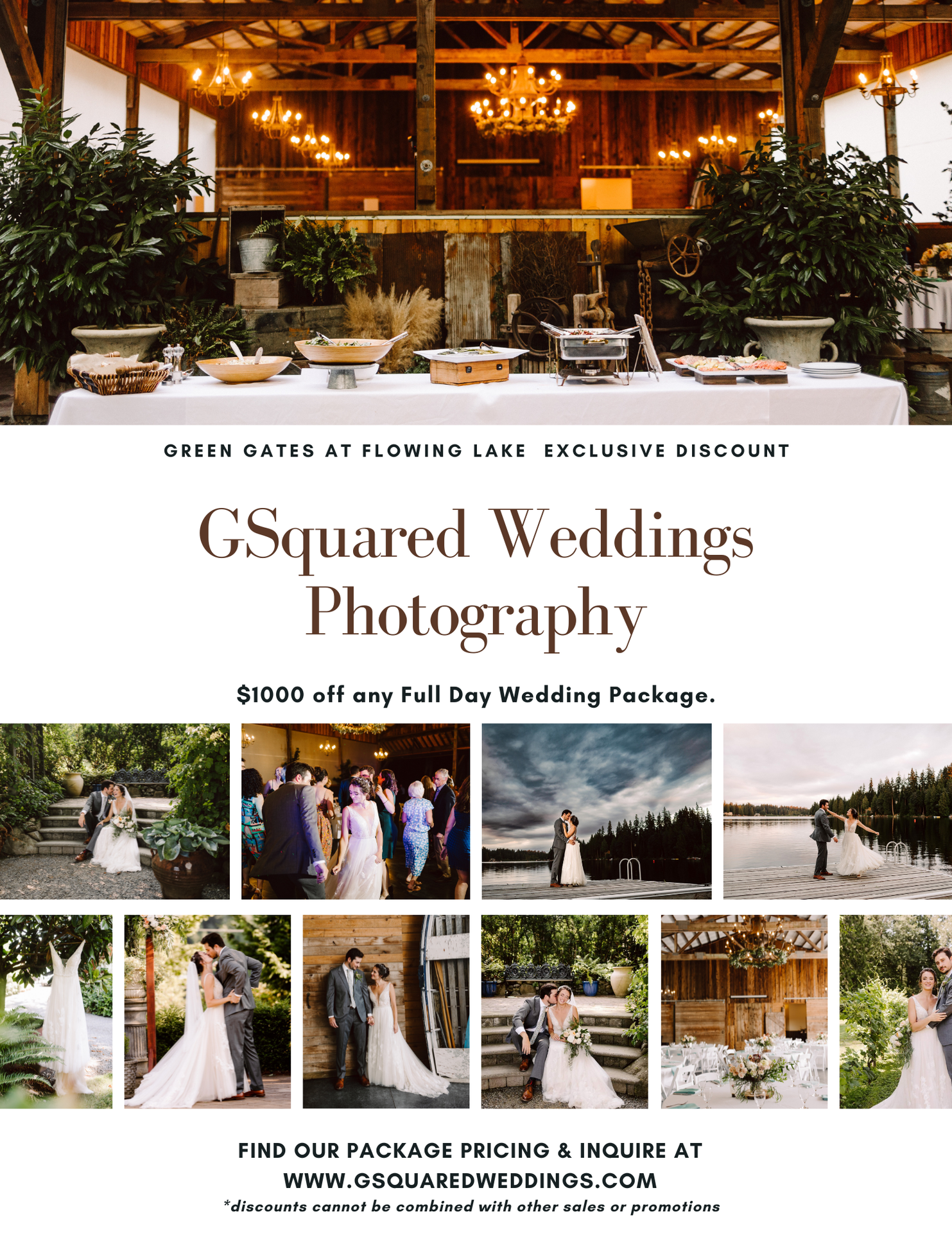 Snohomish Wedding Photographer GSquared Weddings A wedding photography promotion features elegant wedding scenes, couples, and rustic outdoor settings. Text highlights GSquared Weddings Photography offering $1000 off full day packages at Green Gates at Flowing Lake. Serving Seattle, Snohomish and Orlando