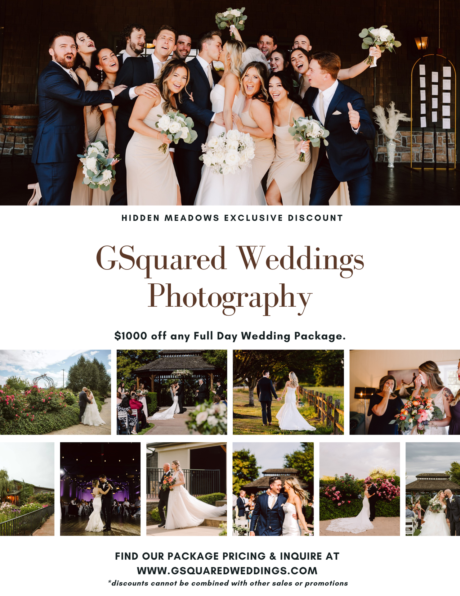 Snohomish Wedding Photographer GSquared Weddings Collage of wedding photos featuring couples, wedding parties, and scenic venues. Text advertises GSquared Weddings Photography with a $1000 discount on full day packages and provides a website for more information. Serving Seattle, Snohomish and Orlando