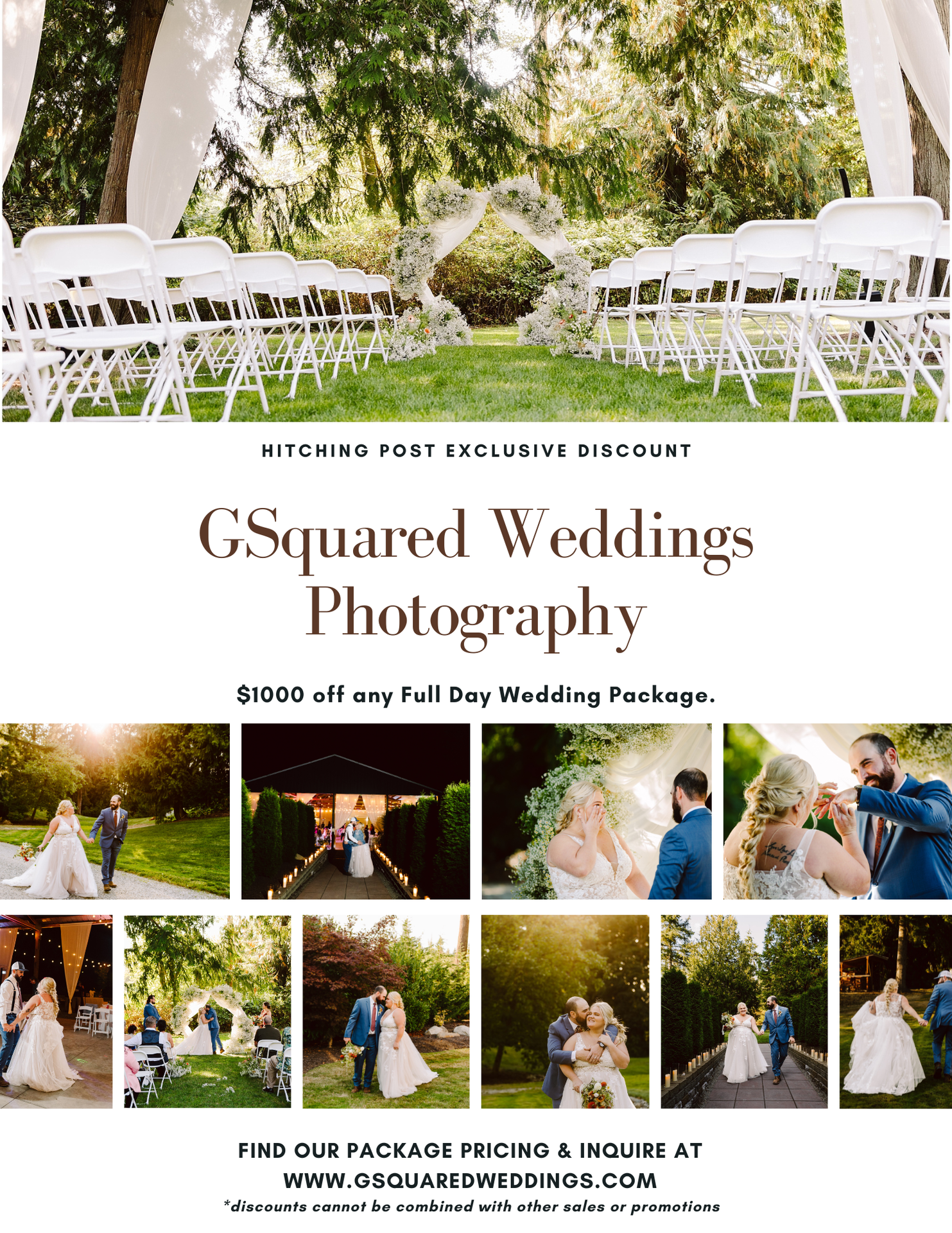 Snohomish Wedding Photographer GSquared Weddings A wedding photography advertisement featuring outdoor ceremony seating and multiple wedding photos; offers $1000 off any full day package from GSquared Weddings Photography, with contact and website details at the bottom. Serving Seattle, Snohomish and Orlando