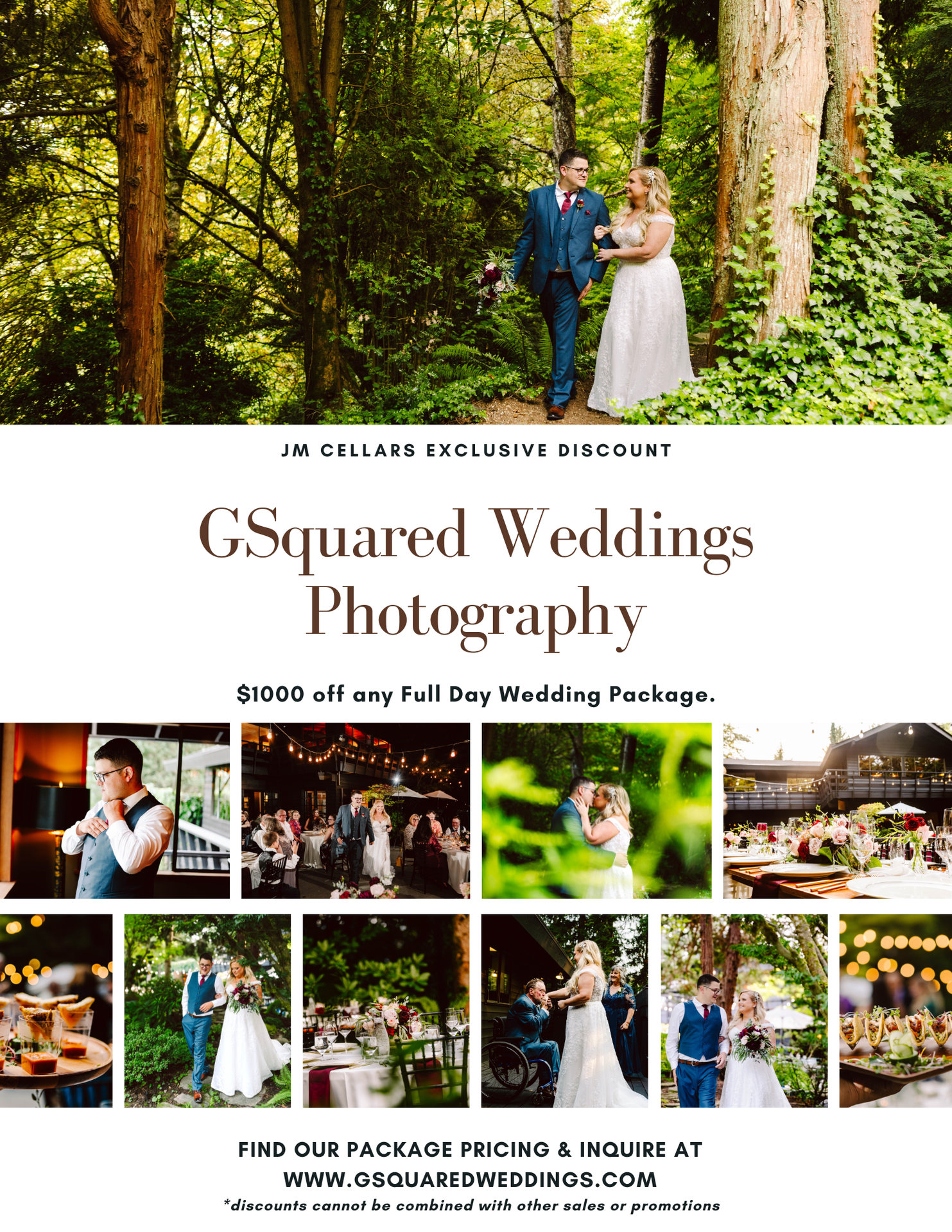 Snohomish Wedding Photographer GSquared Weddings A wedding photography advertisement shows a bride and groom in a forest, couples celebrating, a bartender, wedding guests, and elegant table settings. Text highlights a $1000 discount on full-day packages from GSquared Weddings Photography. Serving Seattle, Snohomish and Orlando