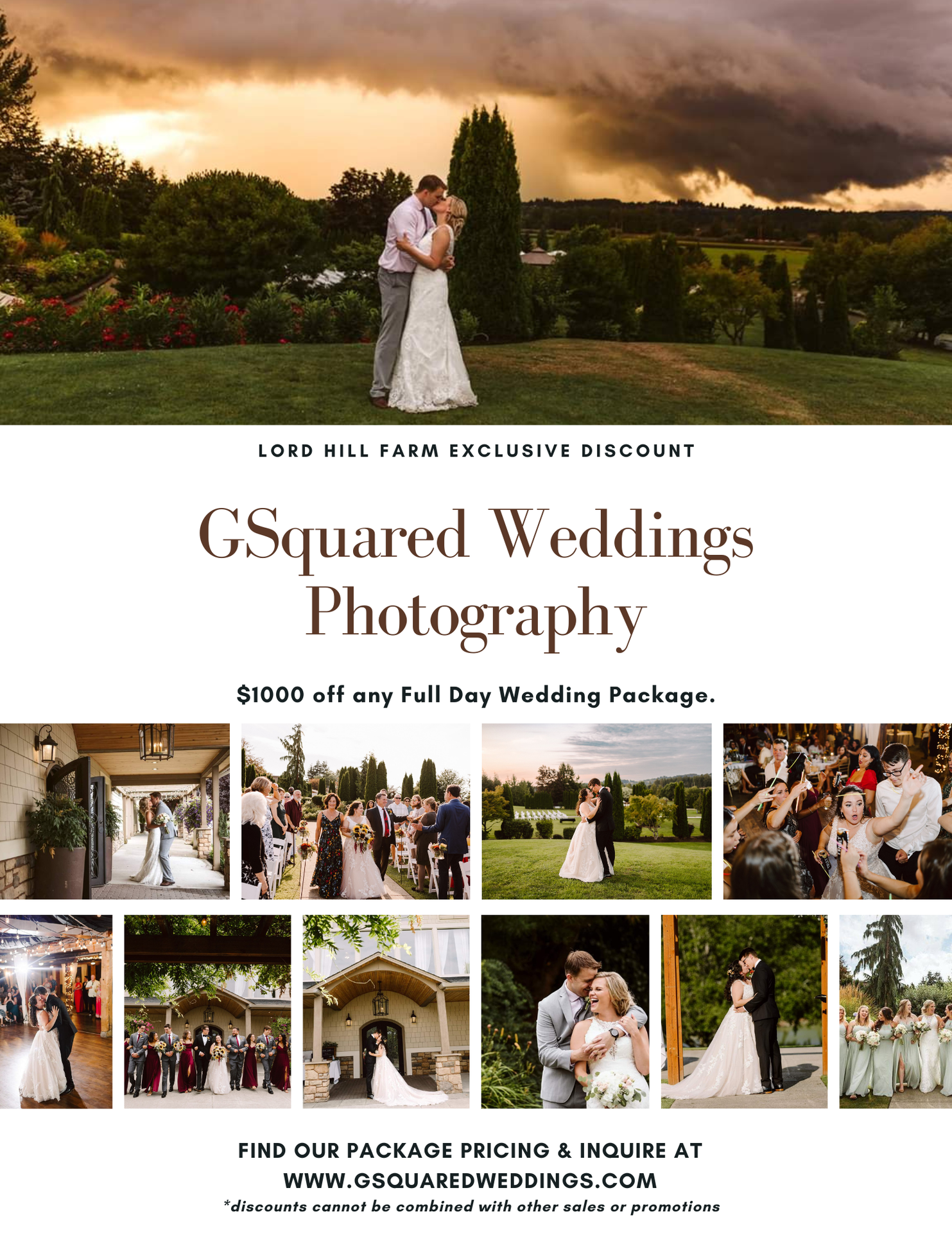 Snohomish Wedding Photographer GSquared Weddings A wedding photography advertisement shows couples posing at weddings, a bride and groom kissing outdoors, and photo collage of wedding moments. Text promotes $1000 off full day wedding packages by GSquared Weddings Photography. Serving Seattle, Snohomish and Orlando