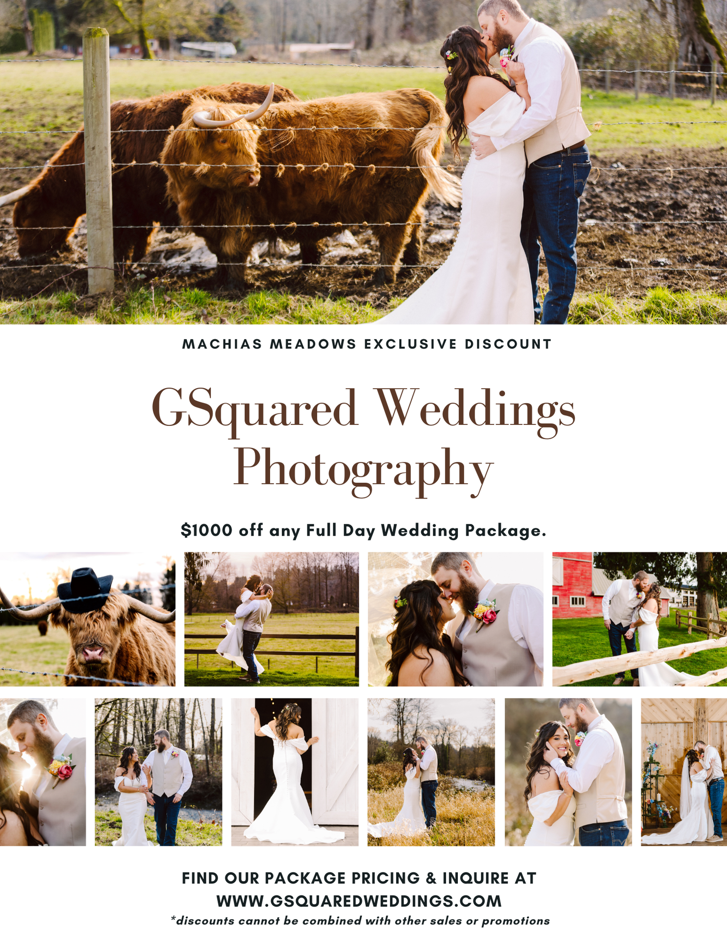 Snohomish Wedding Photographer GSquared Weddings Collage of wedding photos featuring couples outdoors with cows, kissing, and exchanging vows. Text advertises GSquared Weddings Photography with a $1000 discount on full-day packages at Machias Meadows. Website and offer details included. Serving Seattle, Snohomish and Orlando