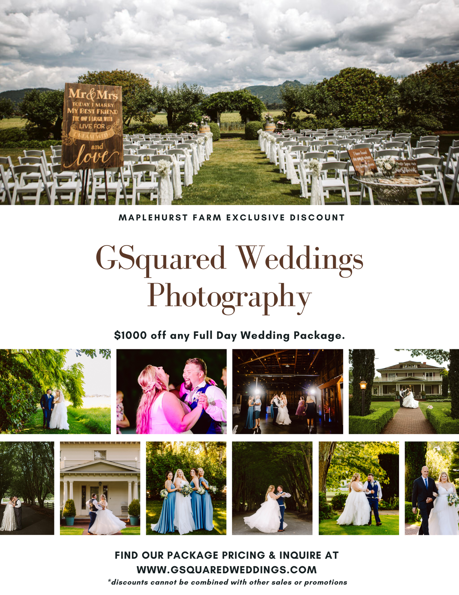 Snohomish Wedding Photographer GSquared Weddings Wedding ceremony setup outdoors with white chairs and a wooden “Mr. & Mrs.” sign, surrounded by trees under a cloudy sky; below, images of couples on their wedding day and GSquared Weddings Photography details. Serving Seattle, Snohomish and Orlando