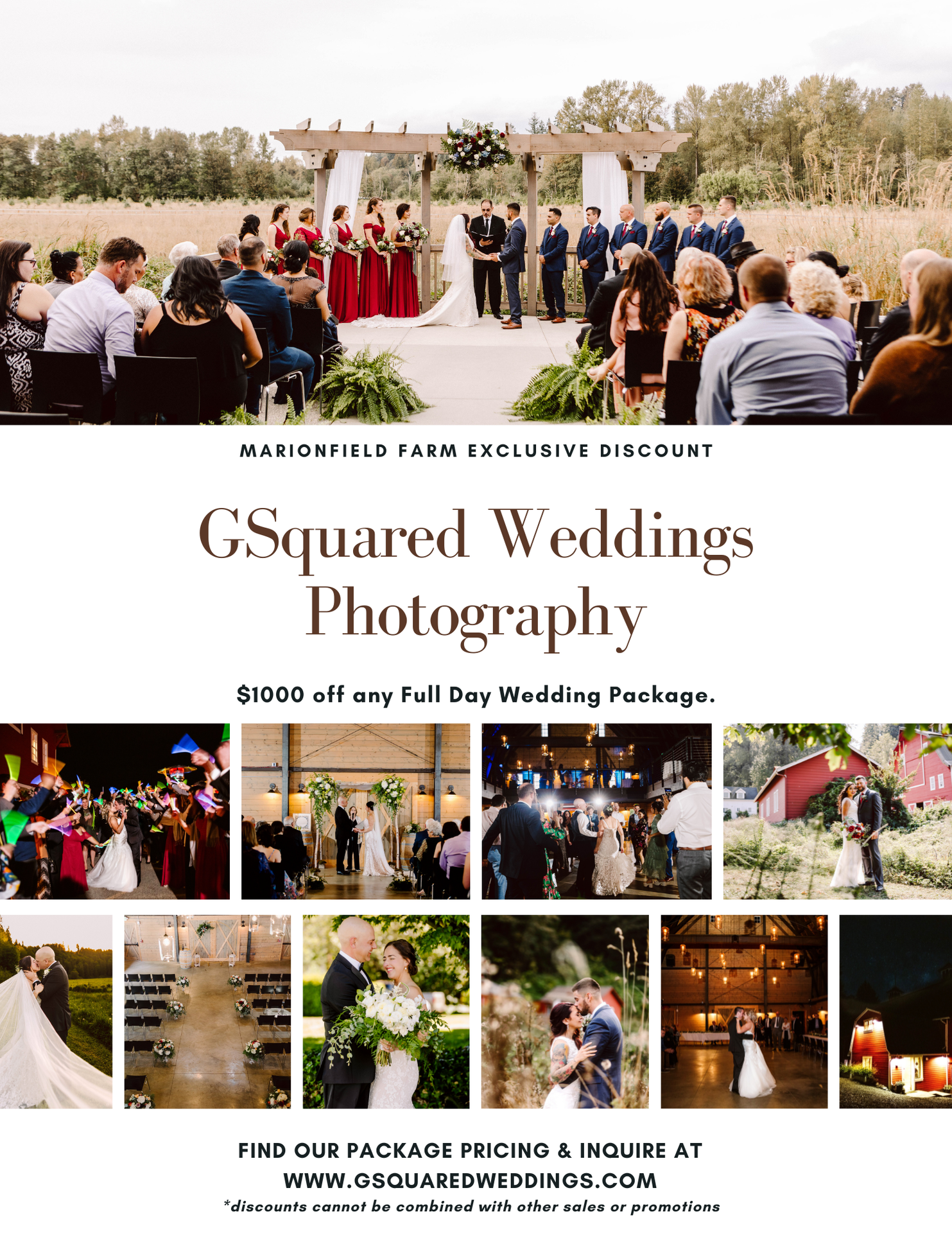 Snohomish Wedding Photographer GSquared Weddings A wedding photography advertisement features an outdoor ceremony, couples dancing, group photos, and rustic barn reception scenes. Text offers $1000 off a full-day package at Marionfield Farm by GSquared Weddings Photography. Serving Seattle, Snohomish and Orlando