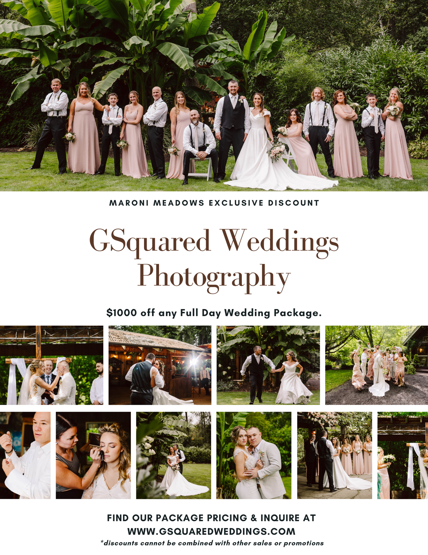 Snohomish Wedding Photographer GSquared Weddings A wedding photography promotional flyer featuring couples and wedding parties in outdoor settings, offering $1000 off any full day wedding package from GSquared Weddings Photography, with contact information and website listed. Serving Seattle, Snohomish and Orlando