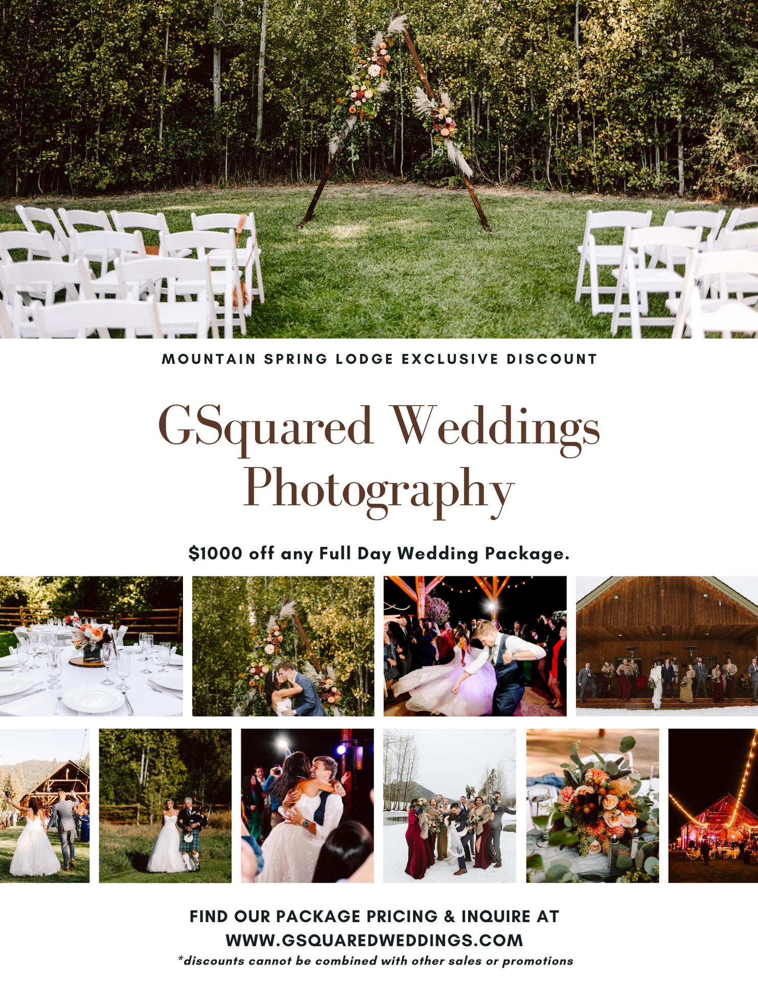 Snohomish Wedding Photographer GSquared Weddings A wedding photography promotion features elegant outdoor and barn wedding scenes, floral arrangements, dancing couples, and a ceremony setup, offering $1000 off full day packages at GSquared Weddings Photography. Serving Seattle, Snohomish and Orlando